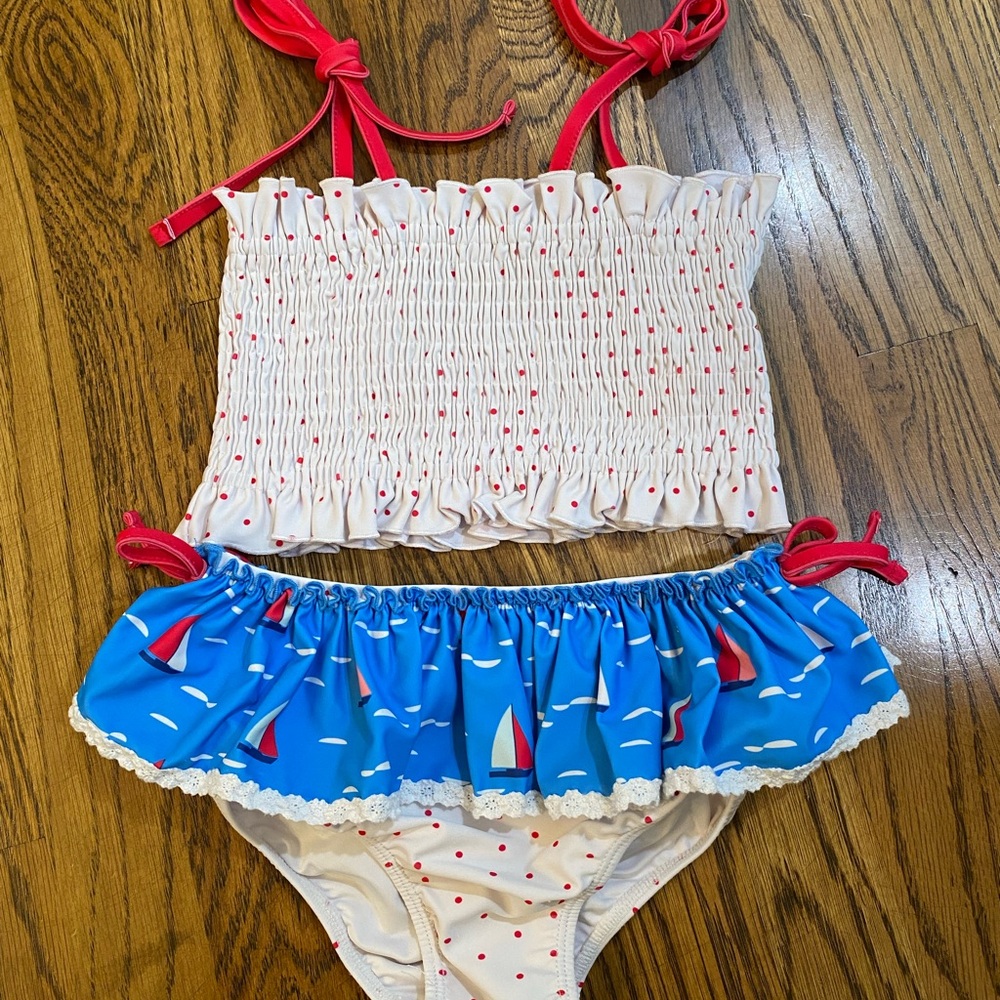 SweetHoney sailboat Swimsuit with Red Polka Dot Trim